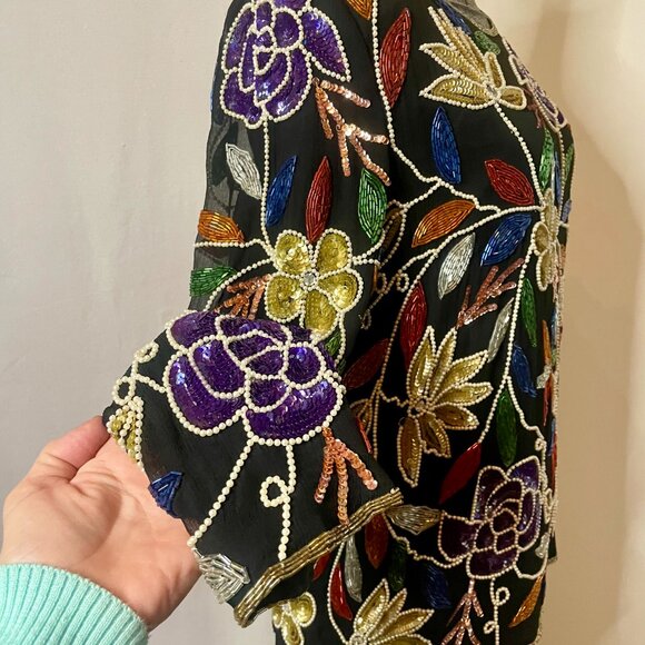 Vintage Crystal Creations floral sequined and beaded silk shirt - Picture 6 of 8